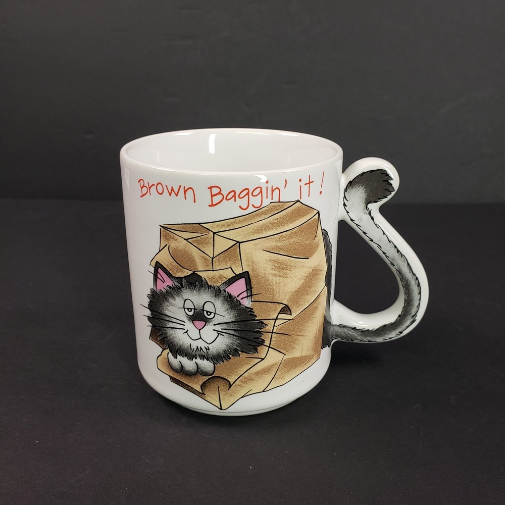 Vintage Brown Baggin'‎ it Cat Tail Handle Ceramic Coffee Mug White Grey Fluffy